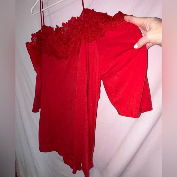 Denim 24/7 Red Asymmetrical Ruffled Cold Shoulder Blouse - Picture 3 of 9